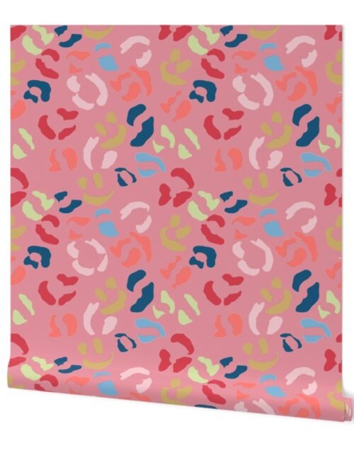 Multi-Colored Jumbo Leopard Splodges on Rose Pink Wallpaper