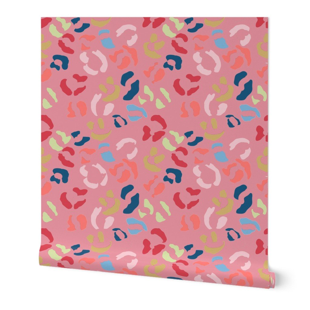 Multi-Colored Jumbo Leopard Splodges on Rose Pink Wallpaper Multi-Colored Jumbo Leopard Splodges on Rose Pink Wallpaper