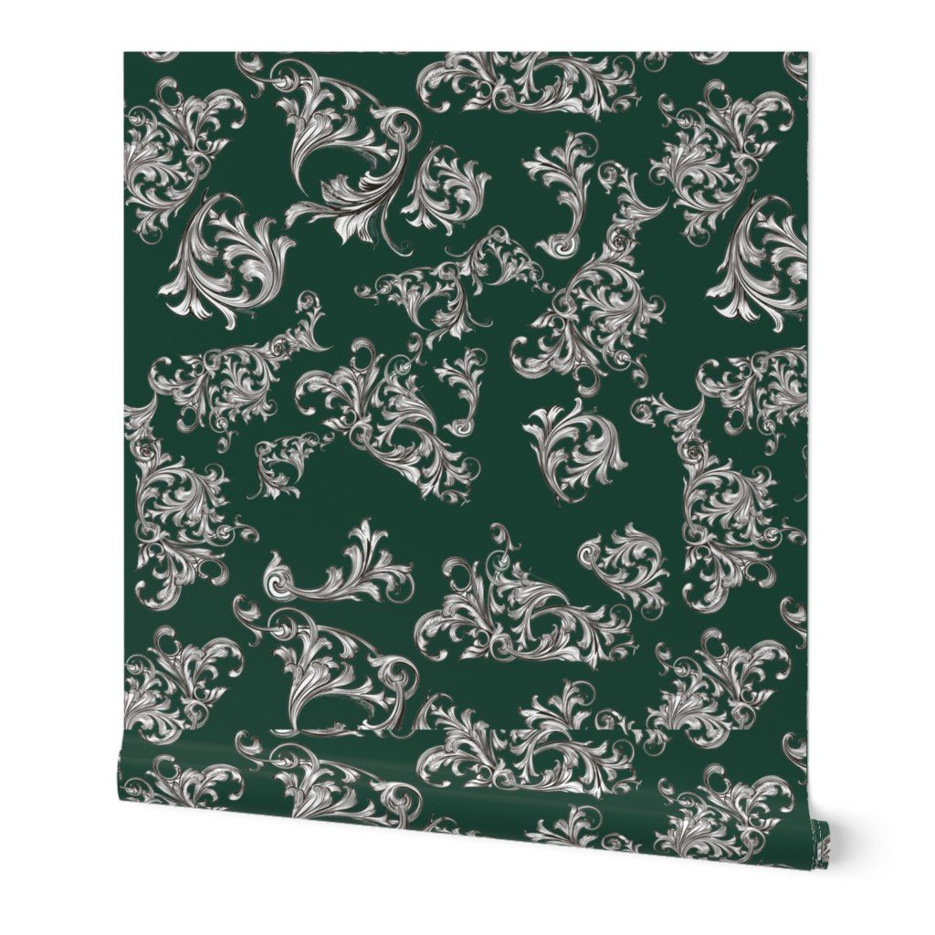 Jumbo Retro Roccoco Black Flourishes on Hunter Green Wallpaper Jumbo Retro Roccoco Black Flourishes on Hunter Green Wallpaper