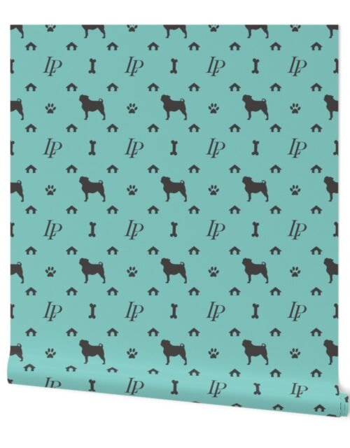 Louis Luxury Monogram Pugs on Aqua Wallpaper