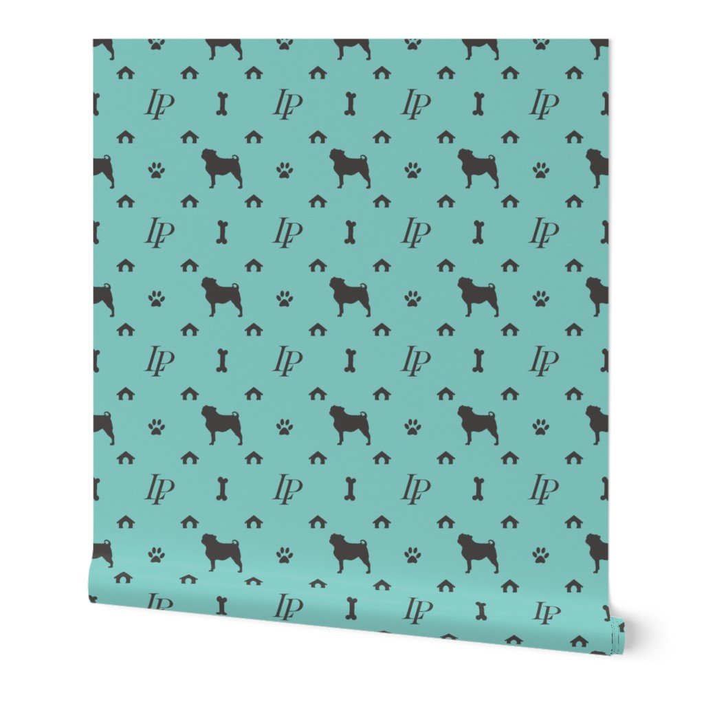 Louis Luxury Monogram Pugs on Aqua Wallpaper Louis Luxury Monogram Pugs on Aqua Wallpaper