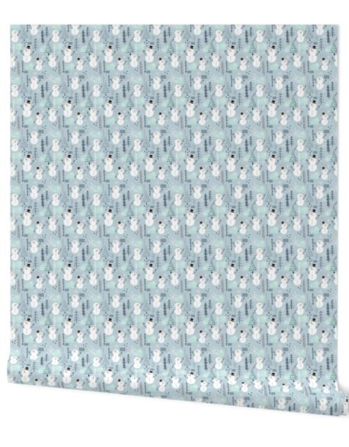 Large Christmas Snowman with Trees and Snowflakes on Icy Mint Blue Wallpaper