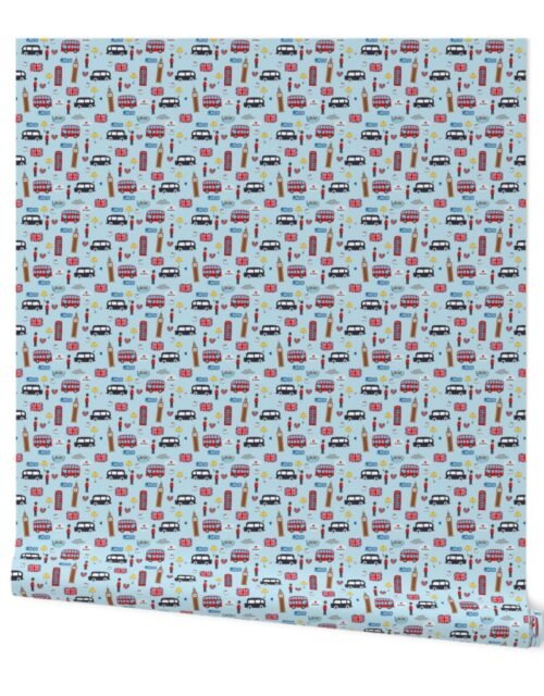 Small London England Handdrawn Motifs Big Ben, Union Jack, Palace Guard, Teatime, Brollies on Blue Wallpaper
