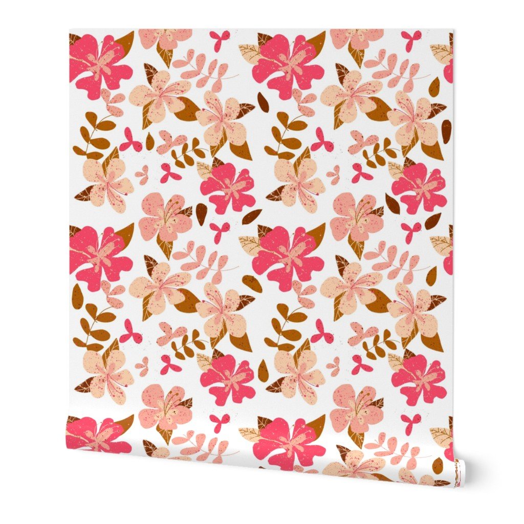 Tropical Pink and Brown Hibiscus Floral Repeat on White Wallpaper Tropical Pink and Brown Hibiscus Floral Repeat on White Wallpaper