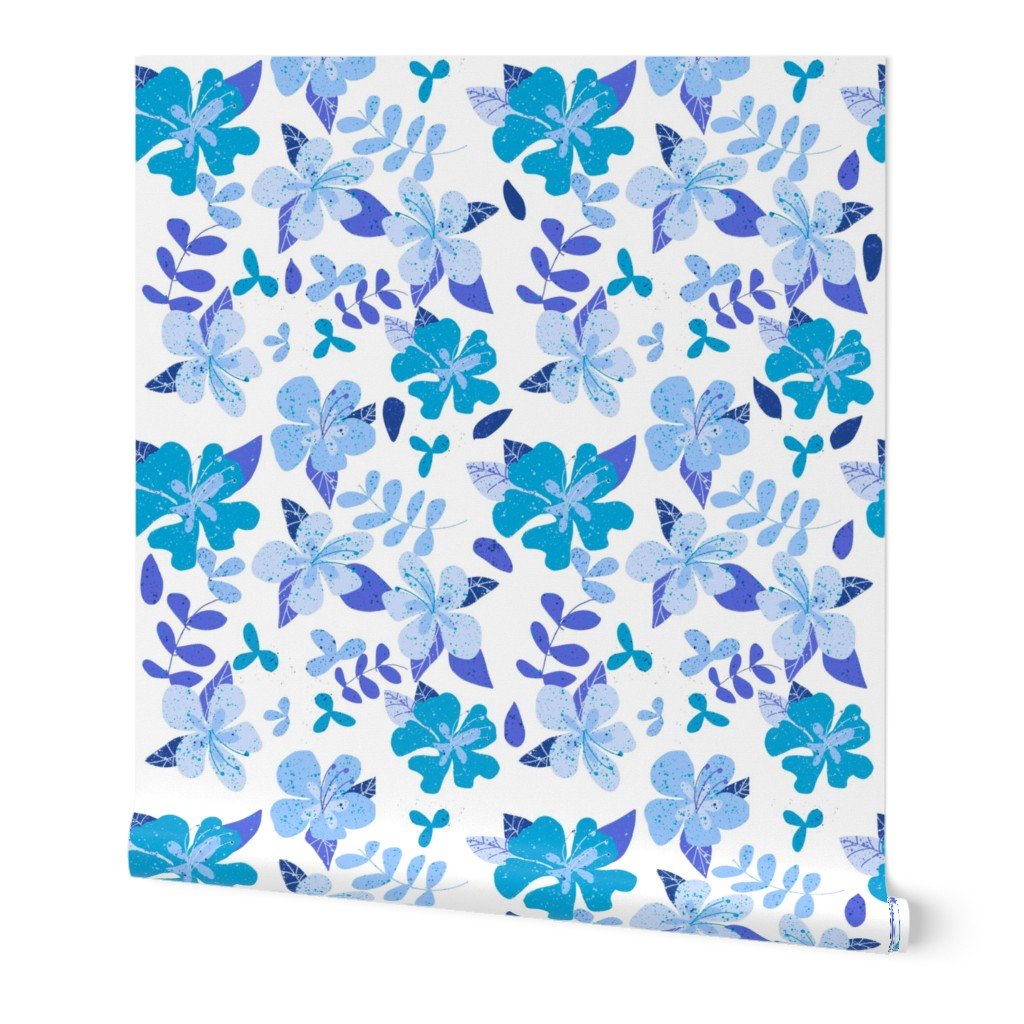 Tropical Blue and Indigo Hibiscus Floral Repeat on White Wallpaper Tropical Blue and Indigo Hibiscus Floral Repeat on White Wallpaper