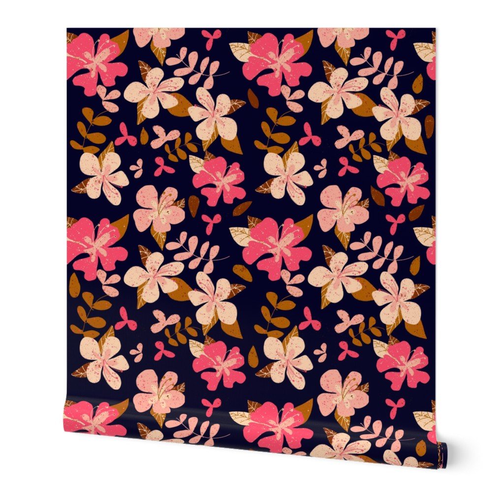 Tropical Pink and Brown Hibiscus Floral Repeat on Navy Wallpaper Tropical Pink and Brown Hibiscus Floral Repeat on Navy Wallpaper