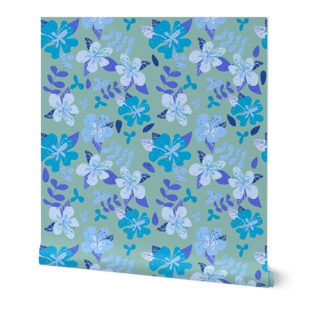 Tropical Blue and Indigo Hibiscus Floral Repeat on Seafoam Wallpaper Tropical Blue and Indigo Hibiscus Floral Repeat on Seafoam Wallpaper