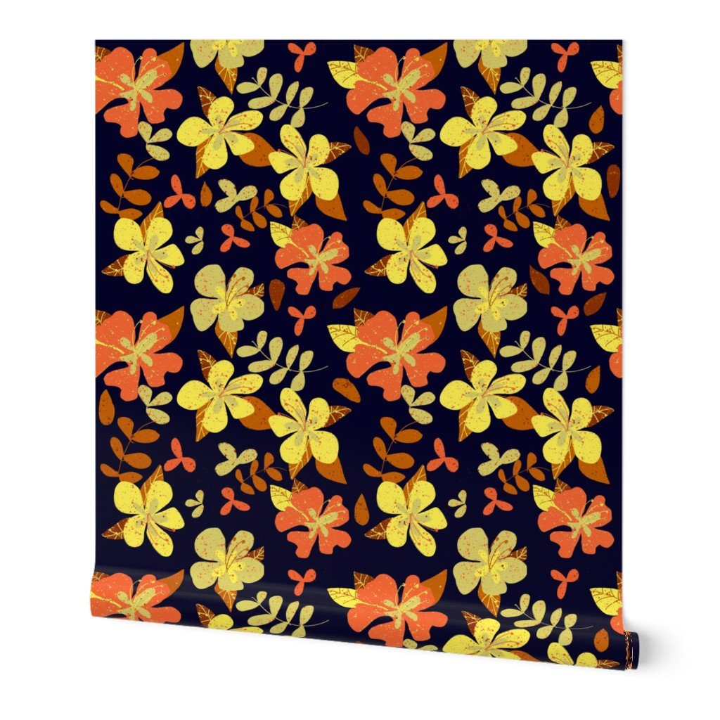 Tropical Orange and Brown Hibiscus Retro Repeat on Navy Wallpaper Tropical Orange and Brown Hibiscus Retro Repeat on Navy Wallpaper
