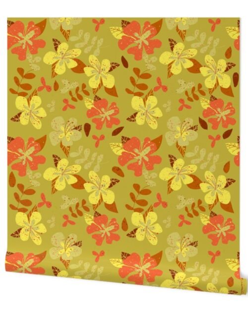Jumbo Tropical Orange and Brown Hibiscus Retro Repeat on Gold Wallpaper