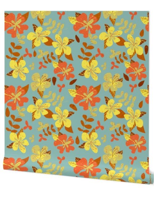 Jumbo Tropical Orange and Brown Hibiscus Retro Repeat on Seafoam Wallpaper