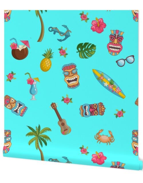 Aqua Tropical Hawaiian Tiki Repeat Pattern Wallpaper