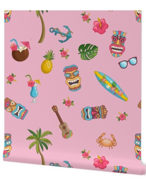 Tropical Hawaiian Tiki Repeat Pattern on Pink Wallpaper