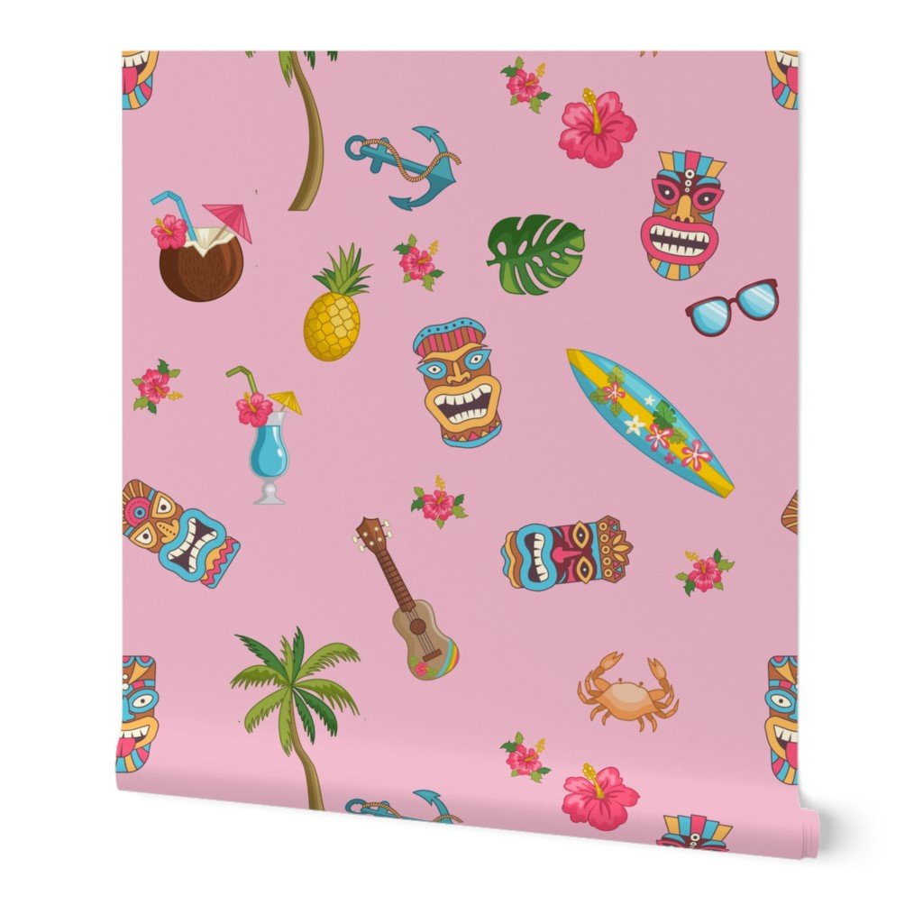 Tropical Hawaiian Tiki Repeat Pattern on Pink Wallpaper Tropical Hawaiian Tiki Repeat Pattern on Pink Wallpaper