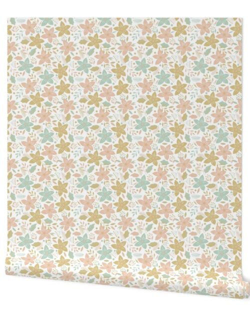 Small Christmas Pink , Mint and Pale Gold Poinsettias and Holly Repeat on Snow White Wallpaper