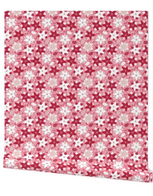 Christmas Red and Pale Champagne Small Poinsettias and Holly Repeat on Bright Pink Background Wallpaper