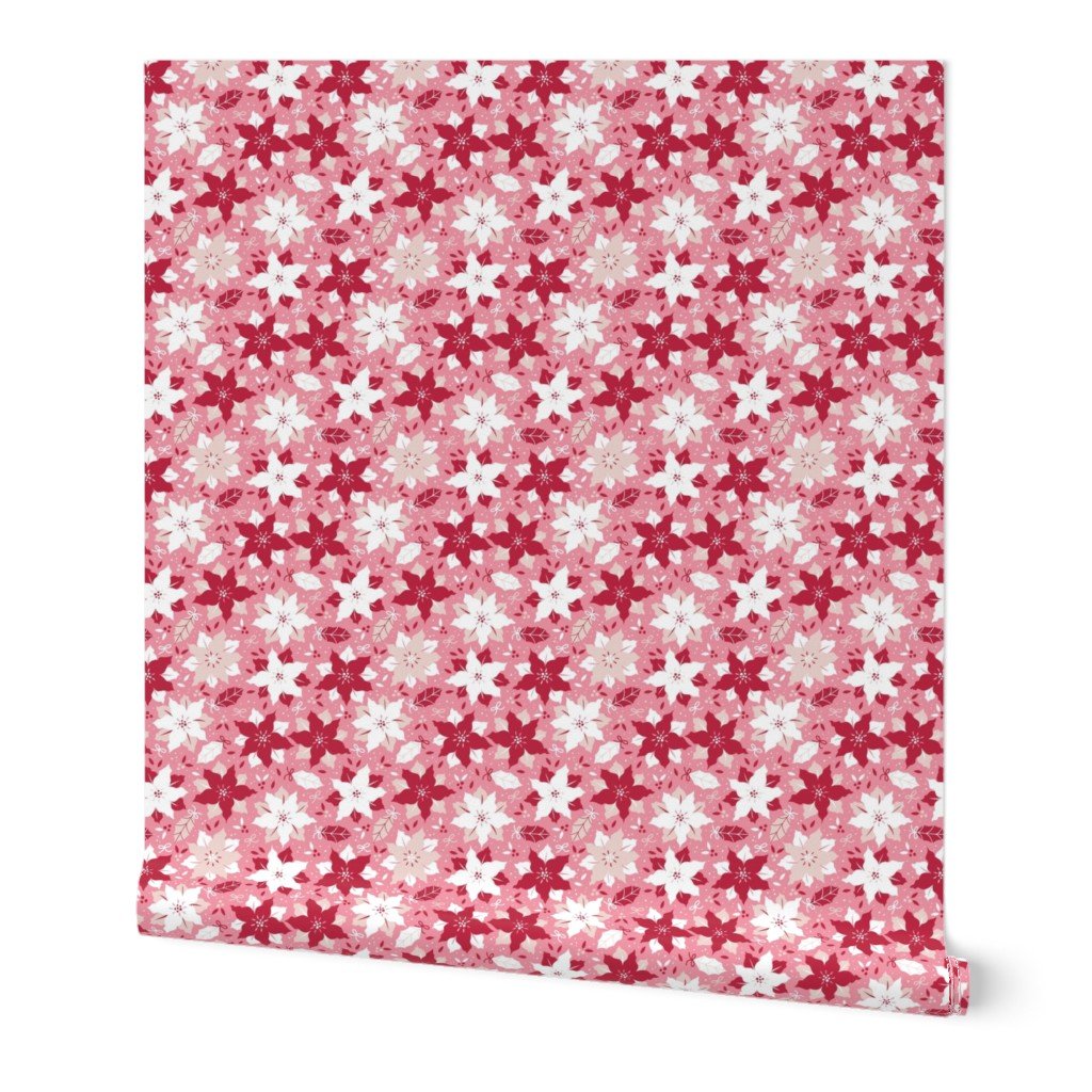Christmas Red and Pale Champagne Small Poinsettias and Holly Repeat on Bright Pink Background Wallpaper Christmas Red and Pale Champagne Small Poinsettias and Holly Repeat on Bright Pink Background Wallpaper
