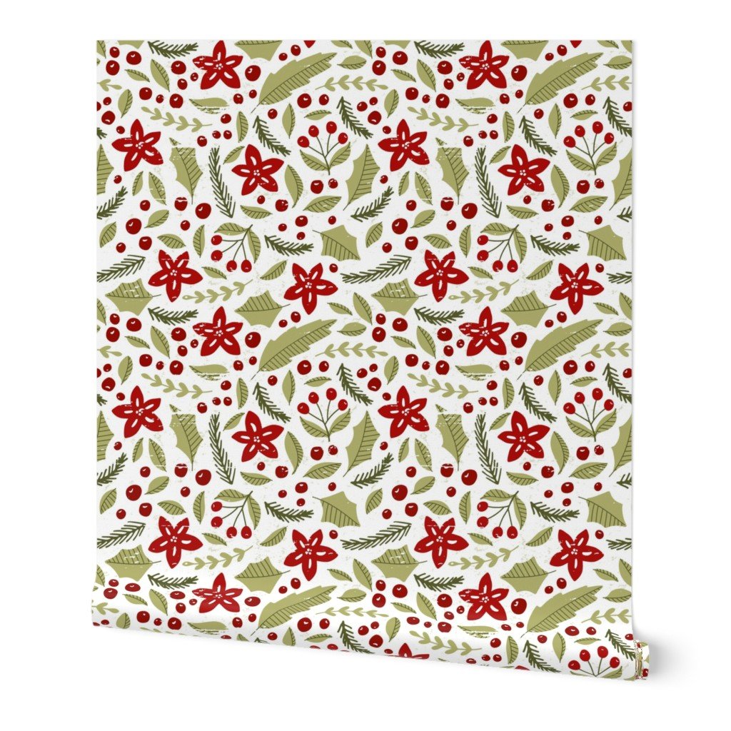 Poinsettias and Bay Laurel and Evergreen Sprigs and Holly Leaves Jumbo Pattern on White Wallpaper Poinsettias and Bay Laurel and Evergreen Sprigs and Holly Leaves Jumbo Pattern on White Wallpaper