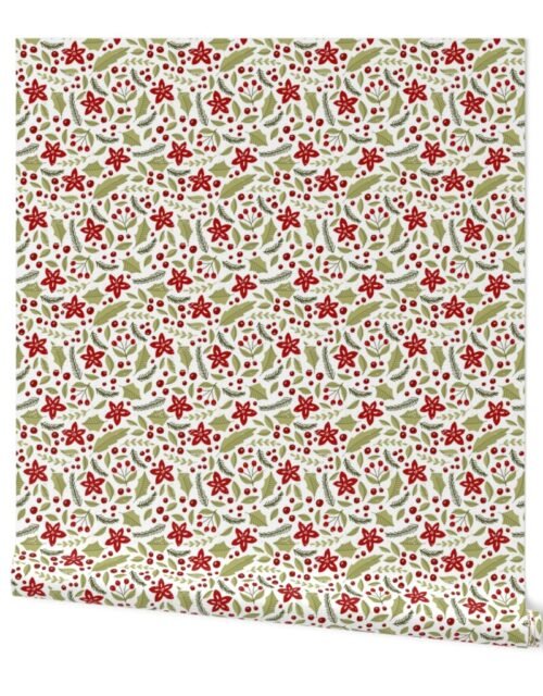 Poinsettias and Bay Laurel and Evergeen Sprigs and Holly Leaves Small Pattern on White Wallpaper