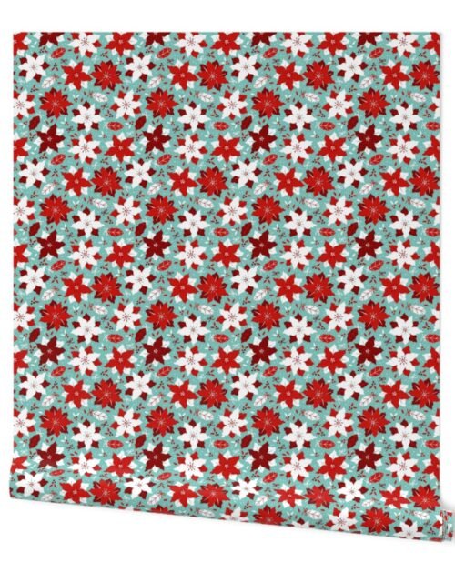 Christmas Red and White Poinsettias Small Repeat on Mint Green Background Wallpaper
