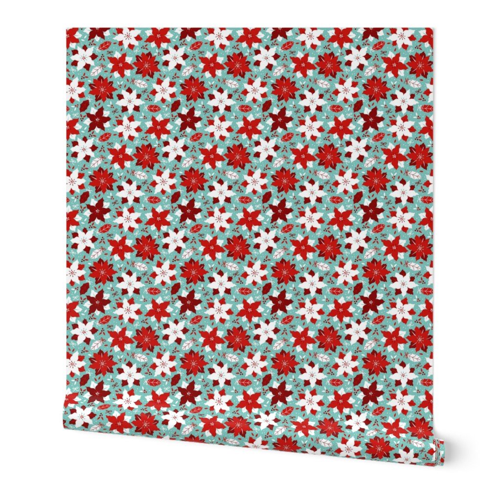 Christmas Red and White Poinsettias Small Repeat on Mint Green Background Wallpaper Christmas Red and White Poinsettias Small Repeat on Mint Green Background Wallpaper