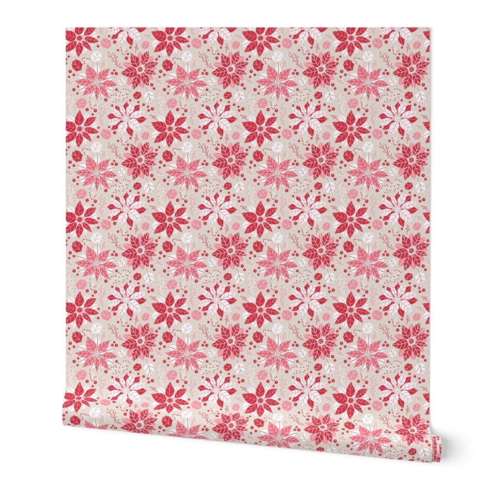 Christmas Red and Pink Poinsettias and Mistletoe Small Repeat on Pale Champagne Background Wallpaper Christmas Red and Pink Poinsettias and Mistletoe Small Repeat on Pale Champagne Background Wallpaper