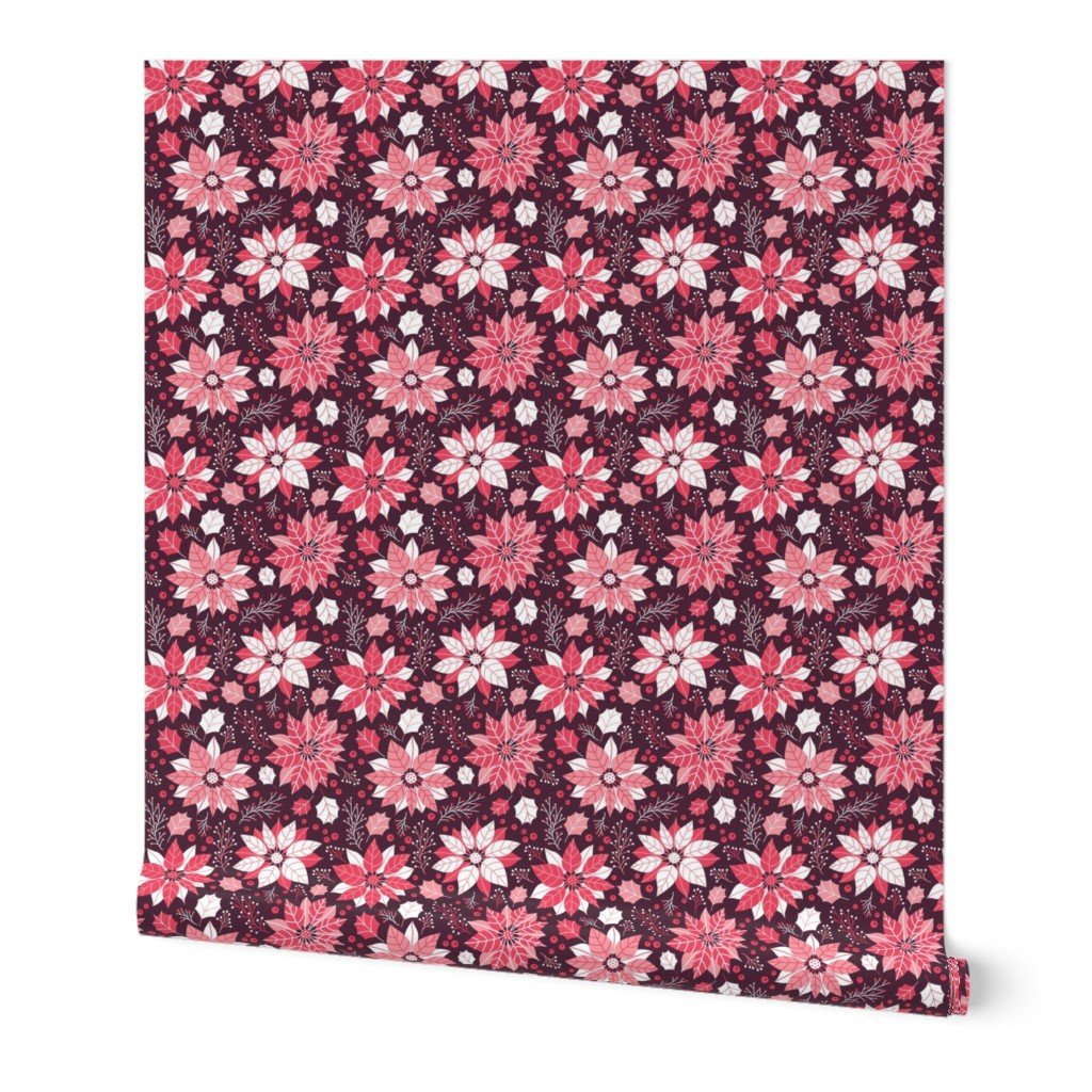 Christmas Red and Pink Small Poinsettias and Mistletoe Repeat on Deep Plum Background Wallpaper Christmas Red and Pink Small Poinsettias and Mistletoe Repeat on Deep Plum Background Wallpaper