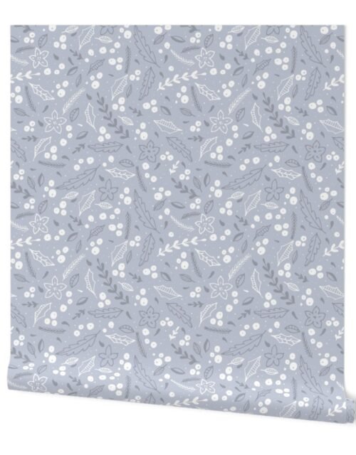 Christmas Grey and White  Jumbo Holly  and Mistletoe Repeat on Pale Silver Background Wallpaper