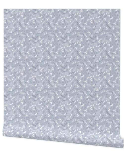 Christmas Grey and White  Small Holly  and Mistletoe Repeat on Pale Silver Background Wallpaper