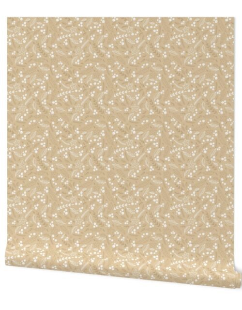 Christmas Beige and White  Small Holly  and Mistletoe Repeat on Pale Gold  Background Wallpaper