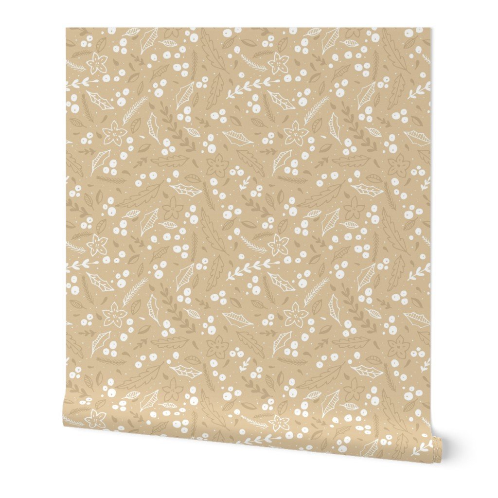 Christmas Beige and White Jumbo Holly and Mistletoe Repeat on Pale Gold Background Wallpaper Christmas Beige and White Jumbo Holly and Mistletoe Repeat on Pale Gold Background Wallpaper