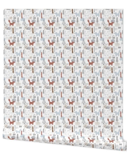 Christmas Fox and Wolf in Winter Forest Scene on White Wallpaper