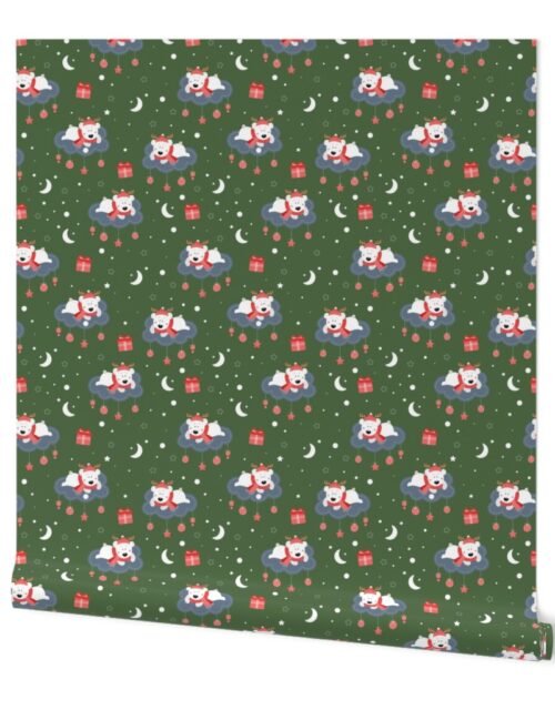 Children's Print Polar Bears on Clouds with Christmas Ornaments on Fir Tree Green Wallpaper