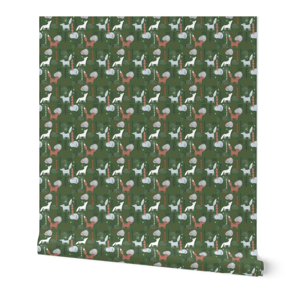 Christmas Fox and Wolf in Winter Forest Scene on Fir Tree Green Wallpaper Christmas Fox and Wolf in Winter Forest Scene on Fir Tree Green Wallpaper