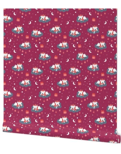 Christmas Cartoon Children's Print Polar Bears on Clouds with Christmas Ornaments on Cranberry Red Wallpaper