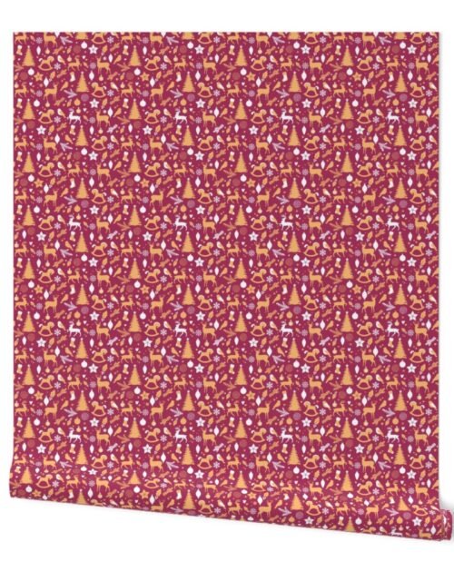 Golden Christmas Trees, Reindeer, Birds and Rocking Horses on Cranberry Red Wallpaper