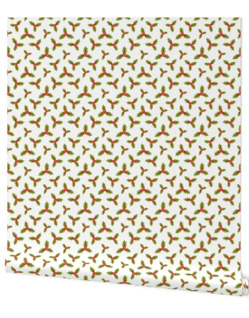 Sprigs of Christmas Green Holly with Red Berries on White Wallpaper