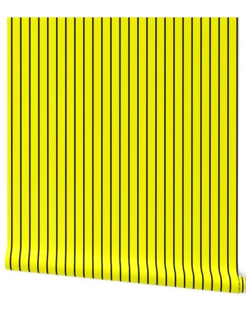 Classic wider 1 Inch Black Pinstripe on a Bright Yellow Background Wallpaper