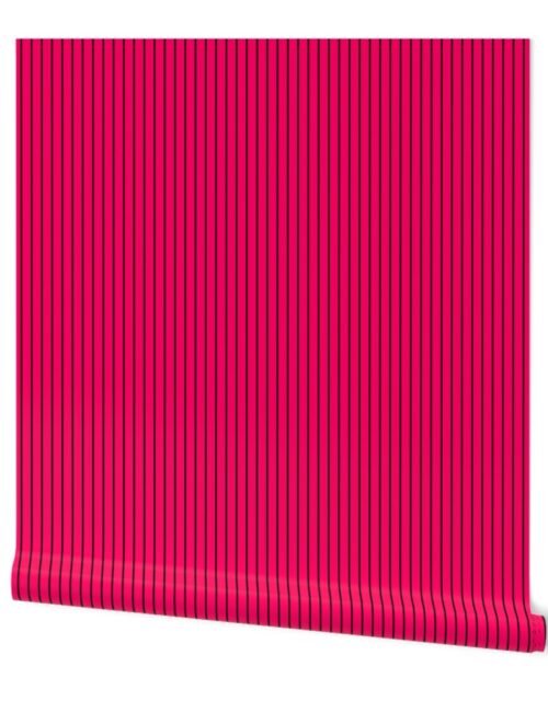 Classic 1/2 Inch Black Pinstripe on a Bright Hot Pink Background Wallpaper