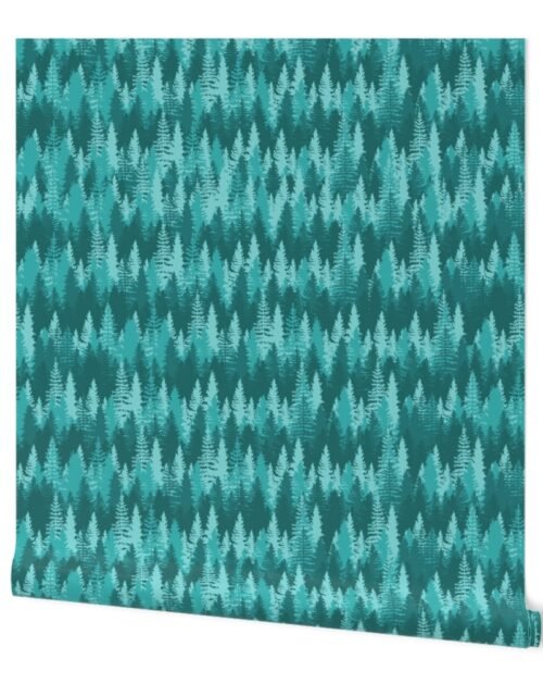 Large Endless Evergreen Forest with Fir Trees in Shades of Aqua Blue Wallpaper
