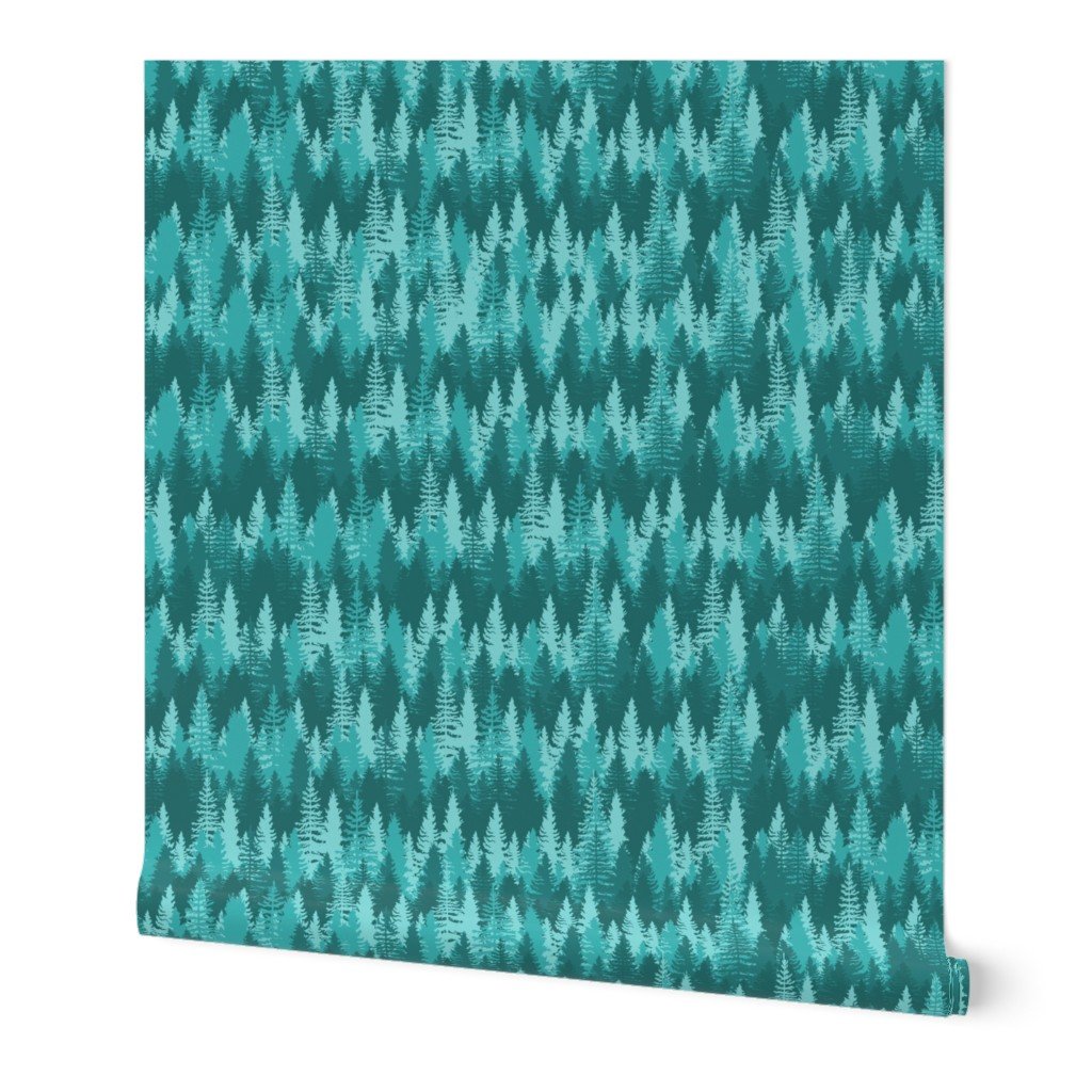 Large Endless Evergreen Forest with Fir Trees in Shades of Aqua Blue Wallpaper Large Endless Evergreen Forest with Fir Trees in Shades of Aqua Blue Wallpaper