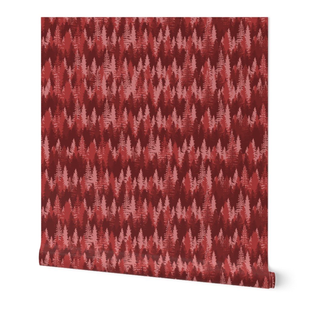 Endless Evergreen Forest with Fir Trees in Shades of Red Wallpaper Endless Evergreen Forest with Fir Trees in Shades of Red Wallpaper