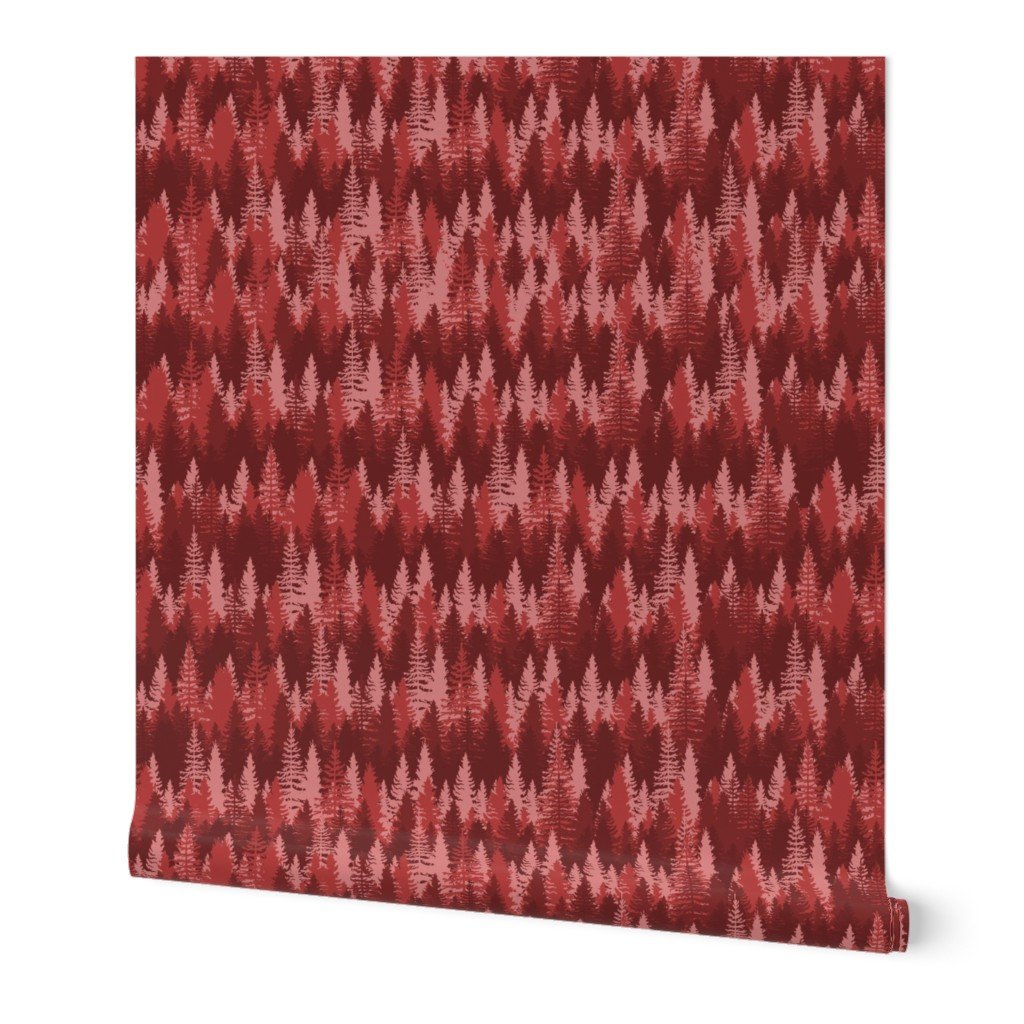 Large Endless Evergreen Forest with Fir Trees in Shades of Red Wallpaper Large Endless Evergreen Forest with Fir Trees in Shades of Red Wallpaper