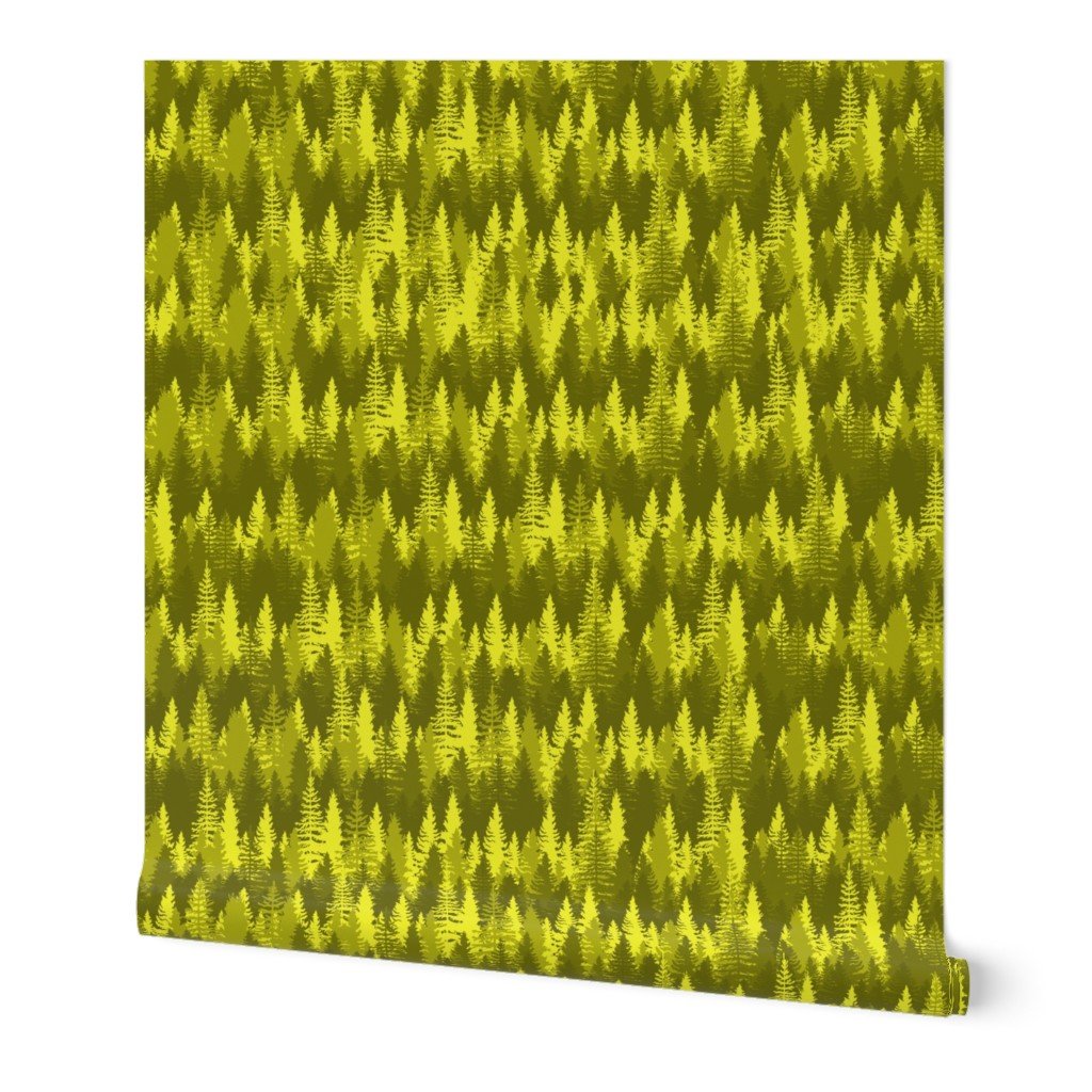Large Endless Evergreen Forest with Fir Trees in Shades of Golden Yellow Wallpaper Large Endless Evergreen Forest with Fir Trees in Shades of Golden Yellow Wallpaper