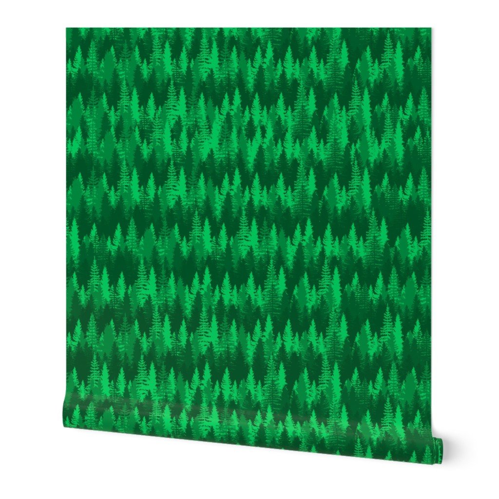 Endless Evergreen Forest with Fir Trees in Shades of Bright Green Wallpaper Endless Evergreen Forest with Fir Trees in Shades of Bright Green Wallpaper