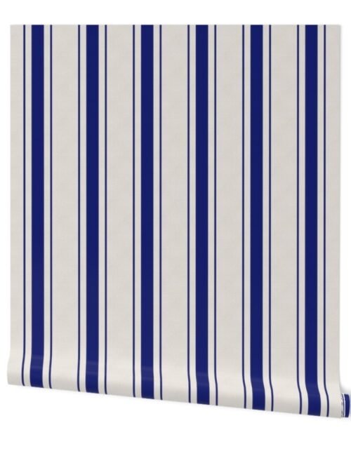 French Blue Antique Vintage Mattress Ticking Stripe on Cream Wallpaper