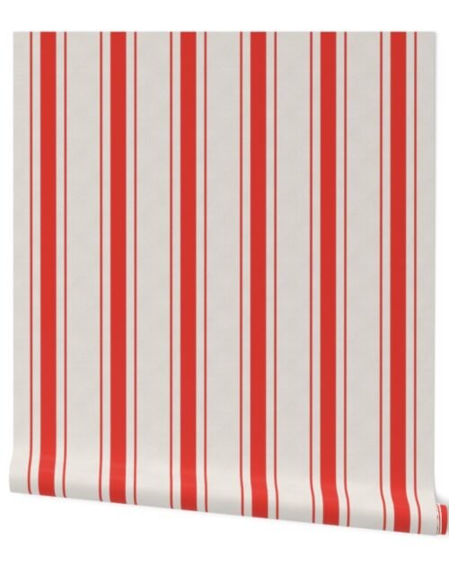 Carnelian Red Antique Vintage Mattress Ticking Stripe on Cream Wallpaper