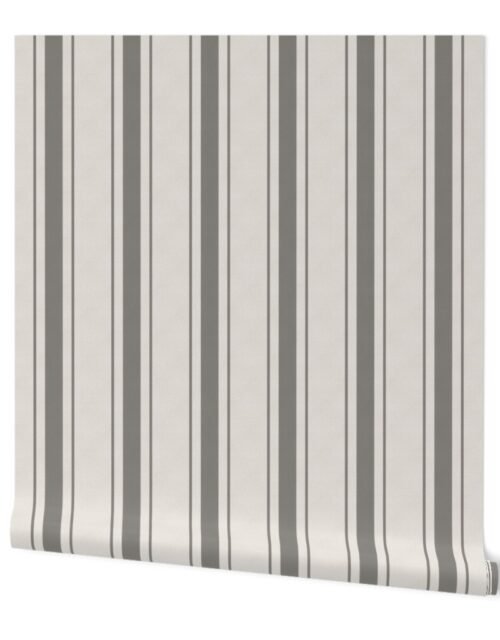 Fog Grey Antique Vintage Mattress Ticking Stripe on Cream Wallpaper
