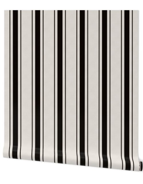Coal Black Antique Vintage Mattress Ticking Stripe on Cream Wallpaper