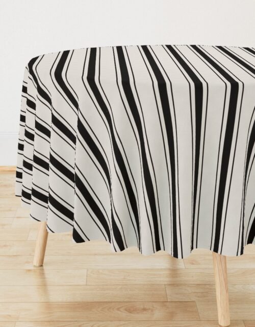 Medium Coal Black Antique Vintage Mattress Ticking Stripe on Cream Round Tablecloth