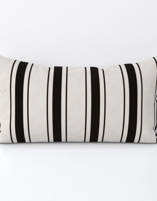Medium Coal Black Antique Vintage Mattress Ticking Stripe on Cream Lumbar Throw Pillow